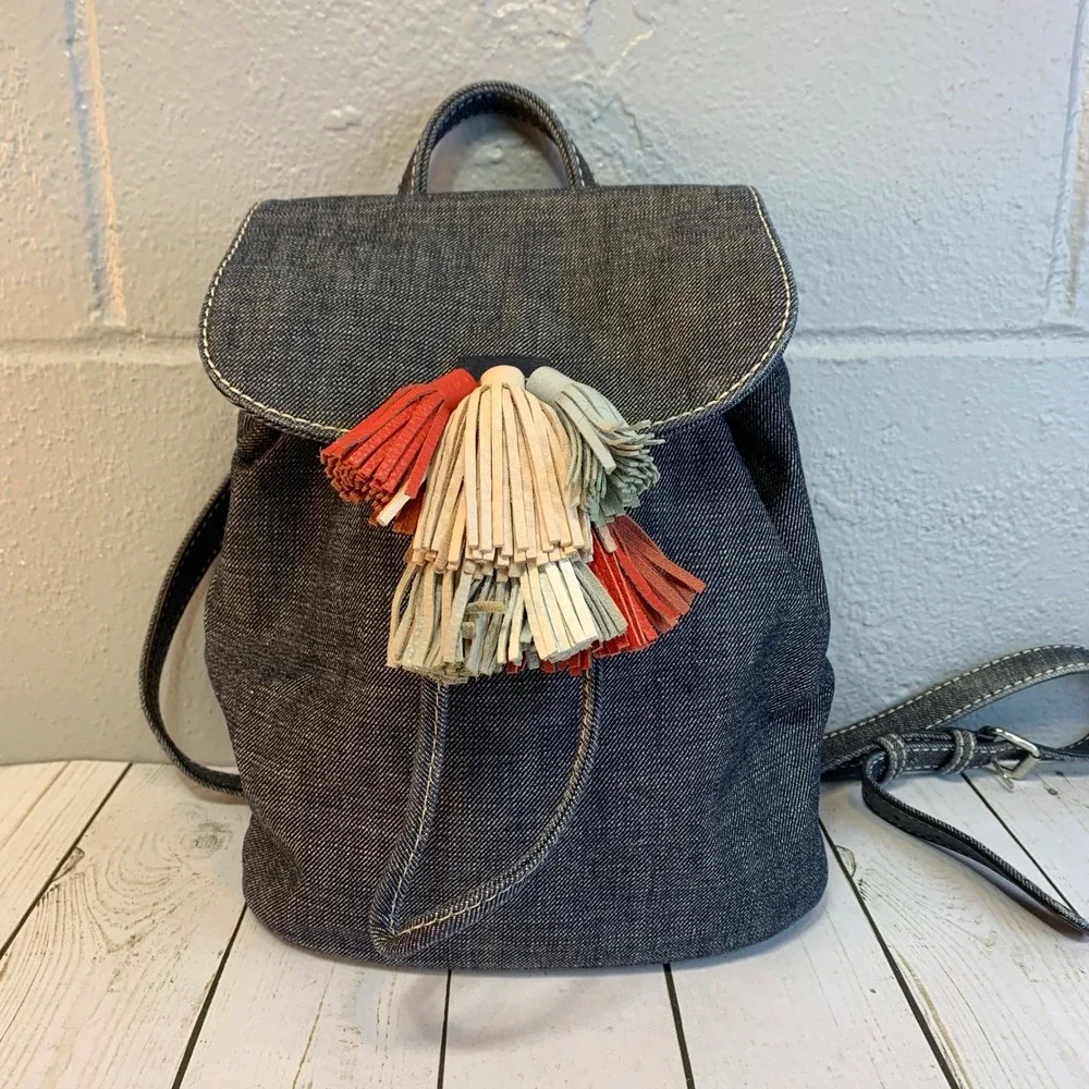Rebecca Minkoff Sofia Drawstring Backpack Denim Multi-Color Tassels